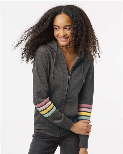 MV Sport W22732 Women's Striped Sleeves Full-Zip Hooded Sweatshirt - Front view