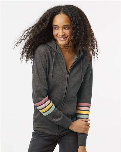 MV Sport W22732 Women's Striped Sleeves Full-Zip Hooded Sweatshirt - Front view
