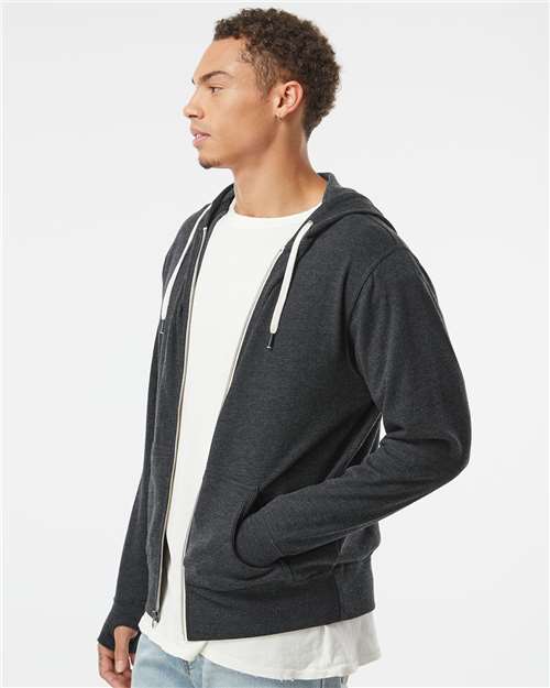 Independent Trading Co. PRM90HTZ Unisex Heathered French Terry Full-Zip Hooded Sweatshirt - Side view