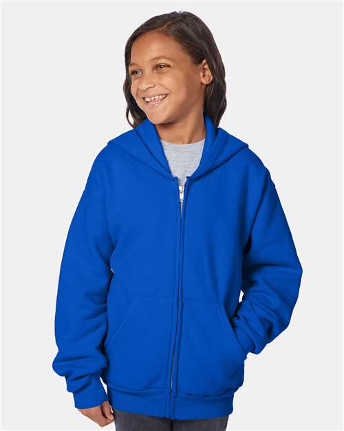 Hanes P480 Youth EcoSmart? Full-Zip Hooded Sweatshirt - Front view